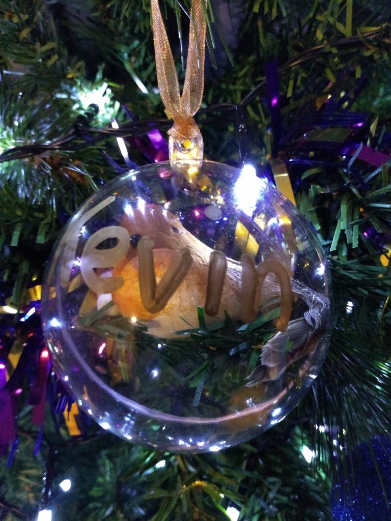 Personalised Christmas bauble with Kevin's name on it